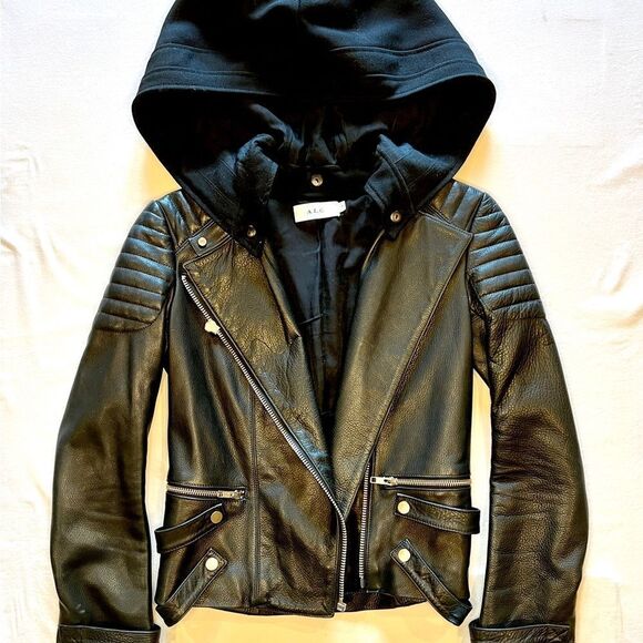 A.L.C. Knight Leather Biker Jacket Hooded Zipper Moto Black - Picture 6 of 14